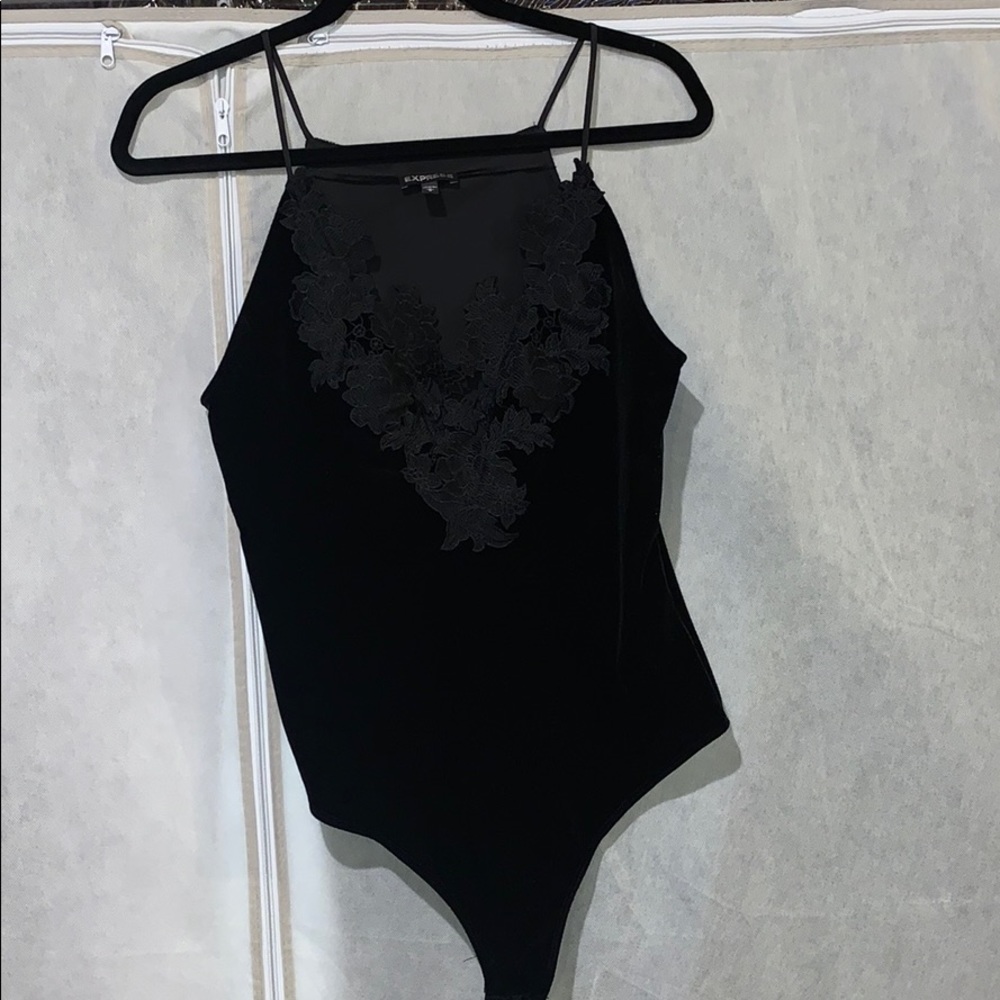 Express Black Body Suit w/ floral embellishments